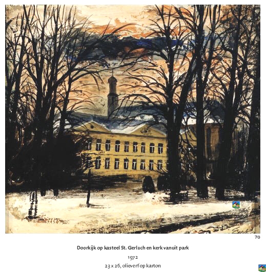 Doorkijk op kasteel St. Gerlach en kerk vanuit park